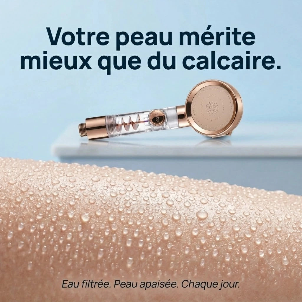 Pommeau de douche or rose anti calcaire turbo chargé - vue rapprochée sur fond blanc
