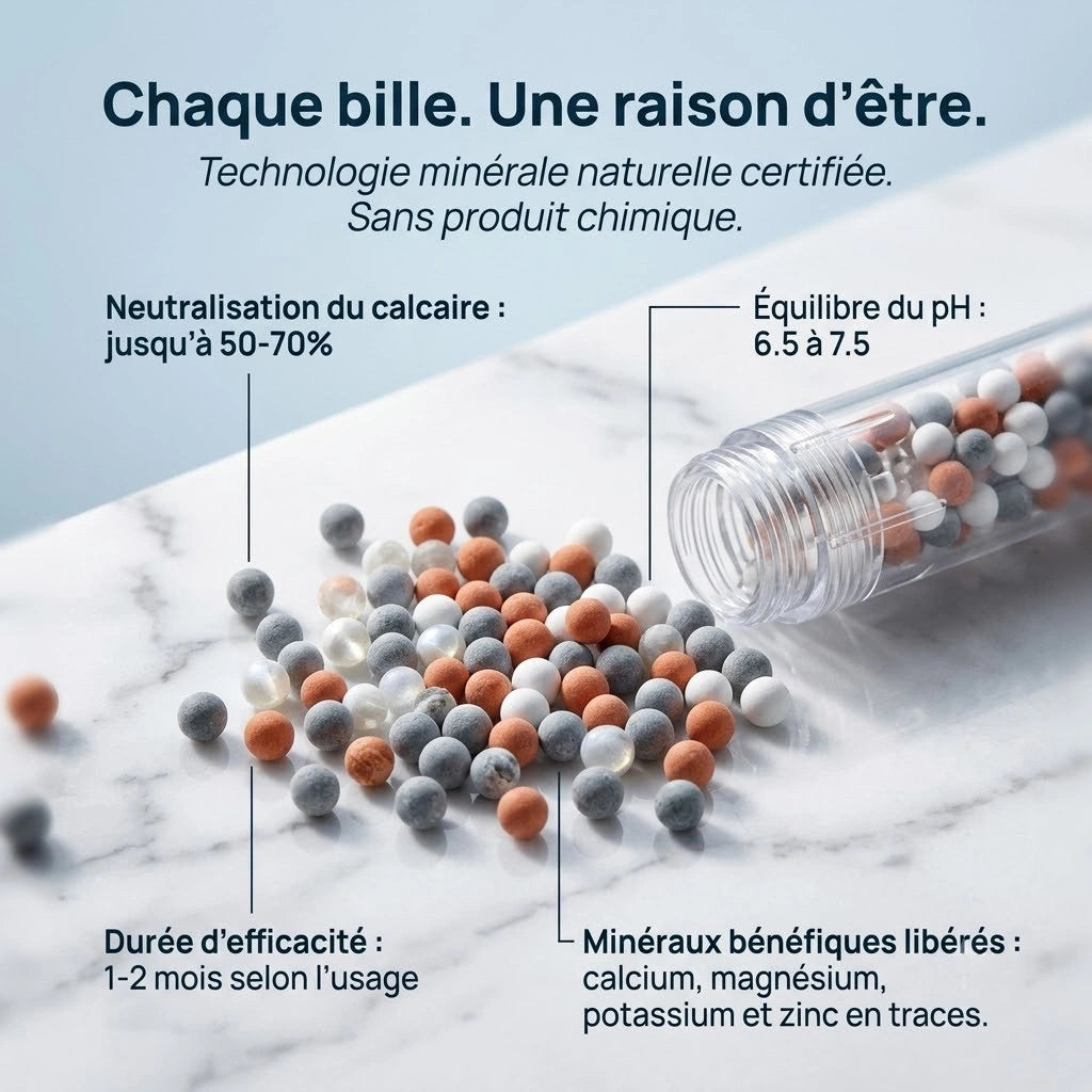 Pommeau de douche à billes stop eau - vue de face sur fond blanc