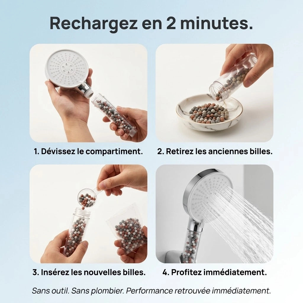Pommeau de douche à billes effet pluie - vue de dos sur fond blanc
