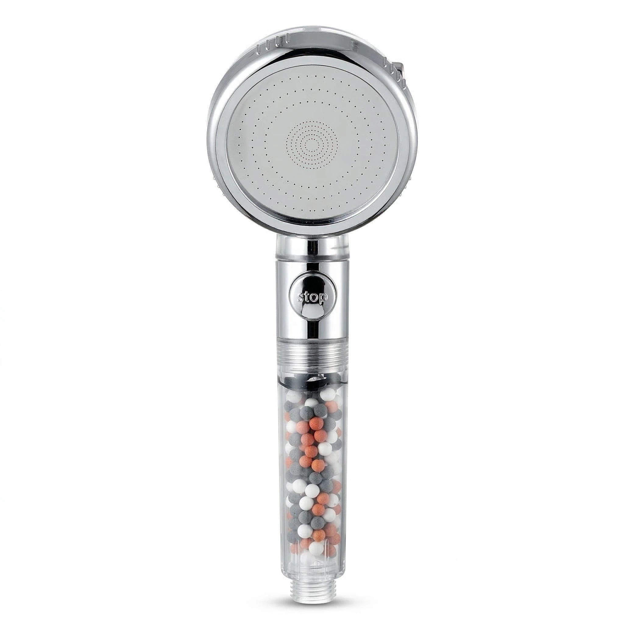 Pommeau de douche à billes avec bouton stop eau vu de face sur fond blanc