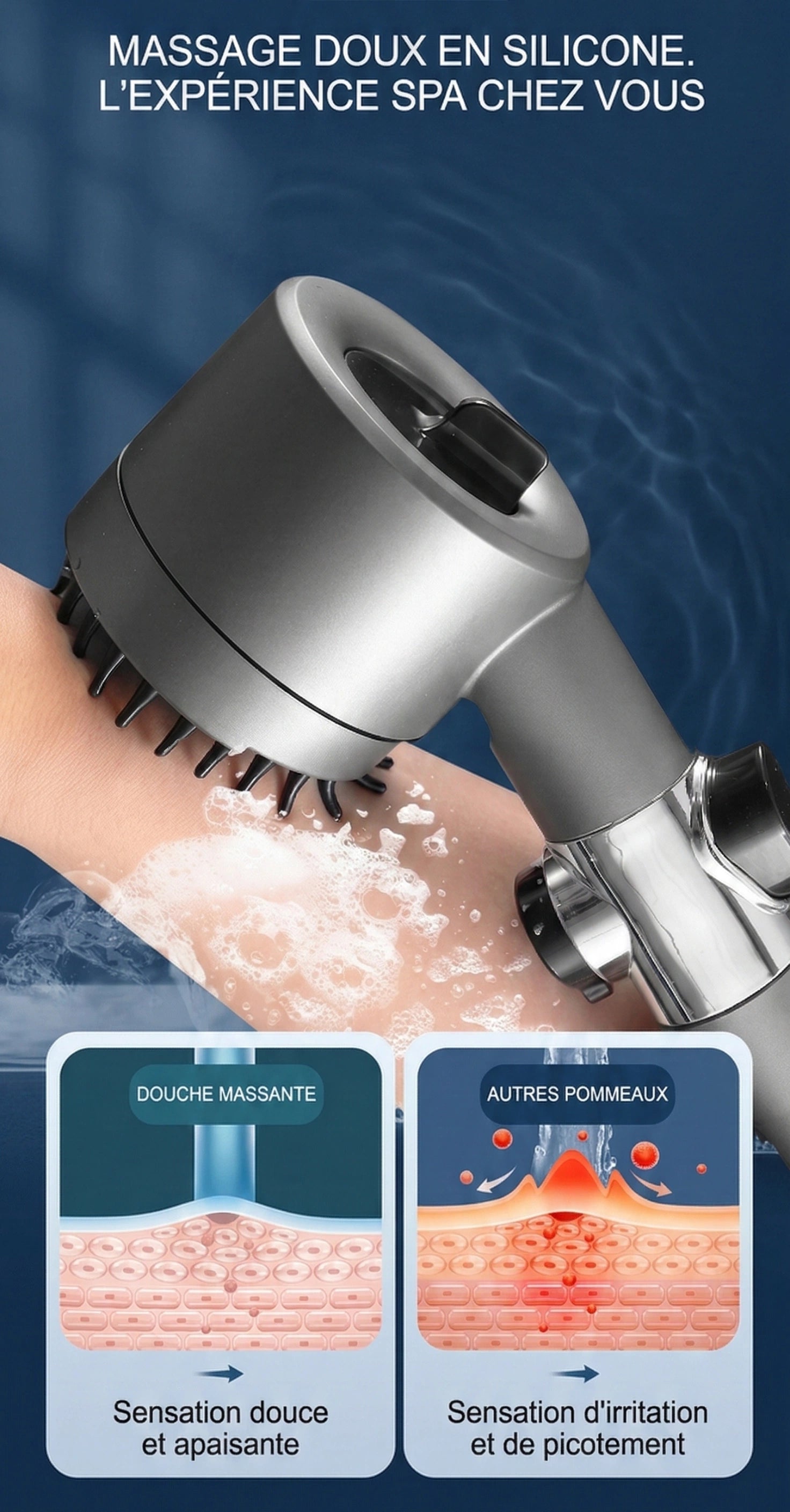 Pommeau de douche noir stop eau avec brosse