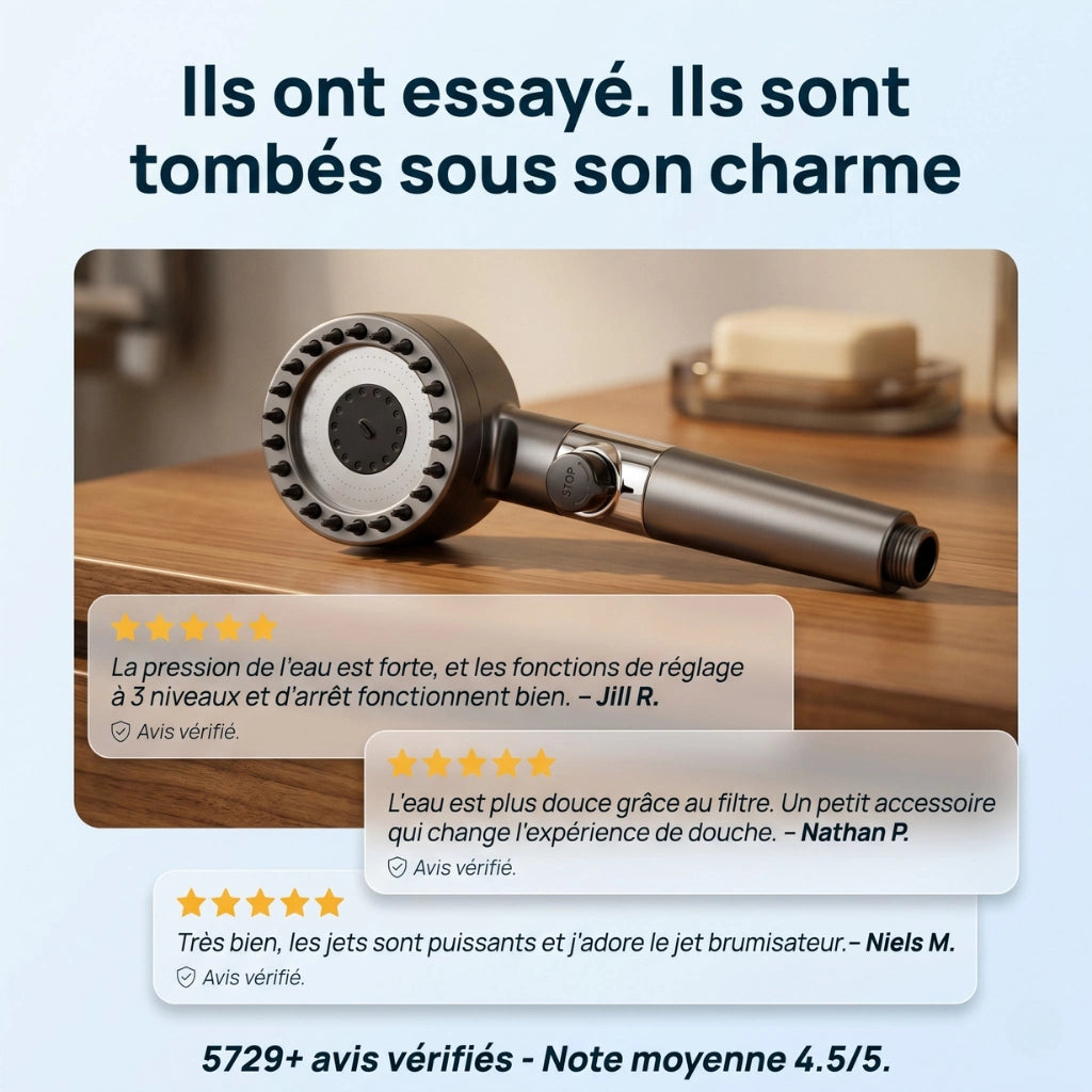 Pommeau de douche économique stop eau avec brosse - détail du mécanisme sur fond blanc