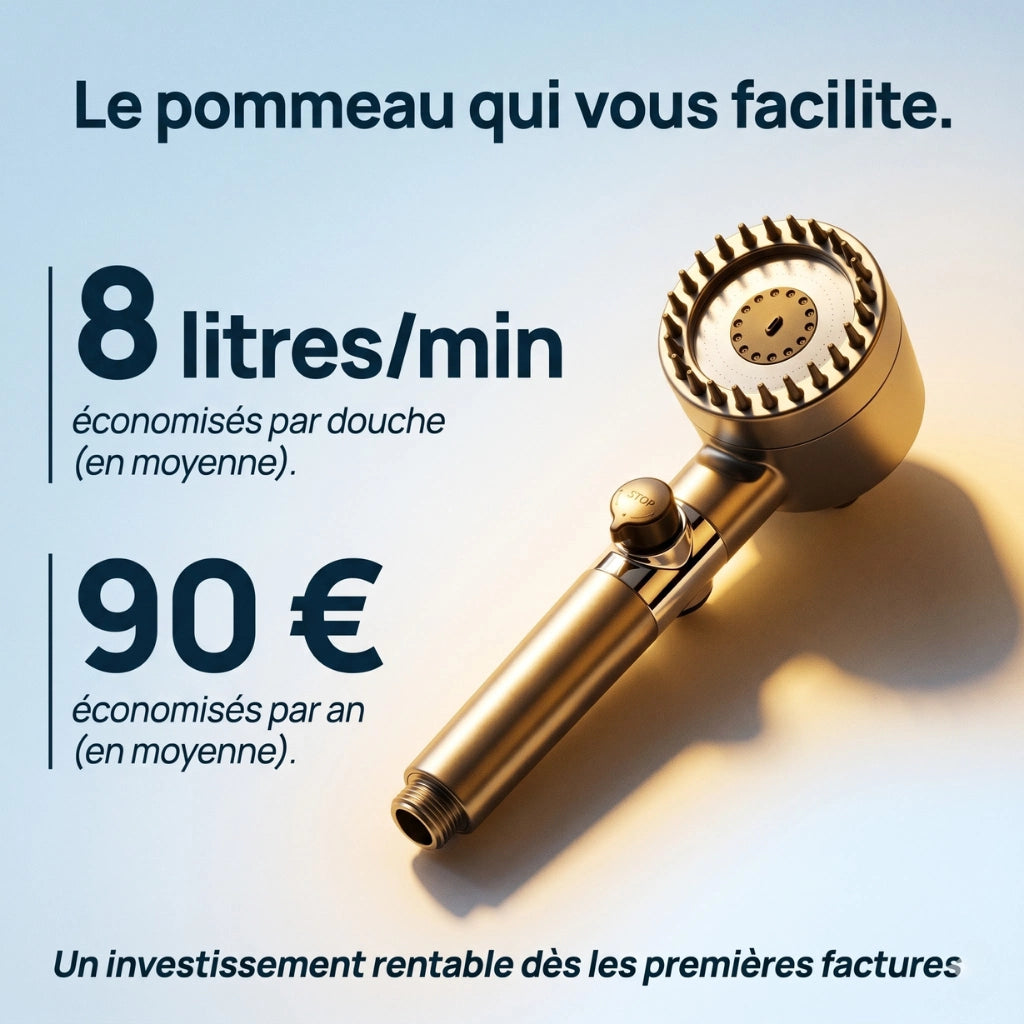 Pommeau de douche économique stop eau avec brosse - vue de côté sur fond blanc