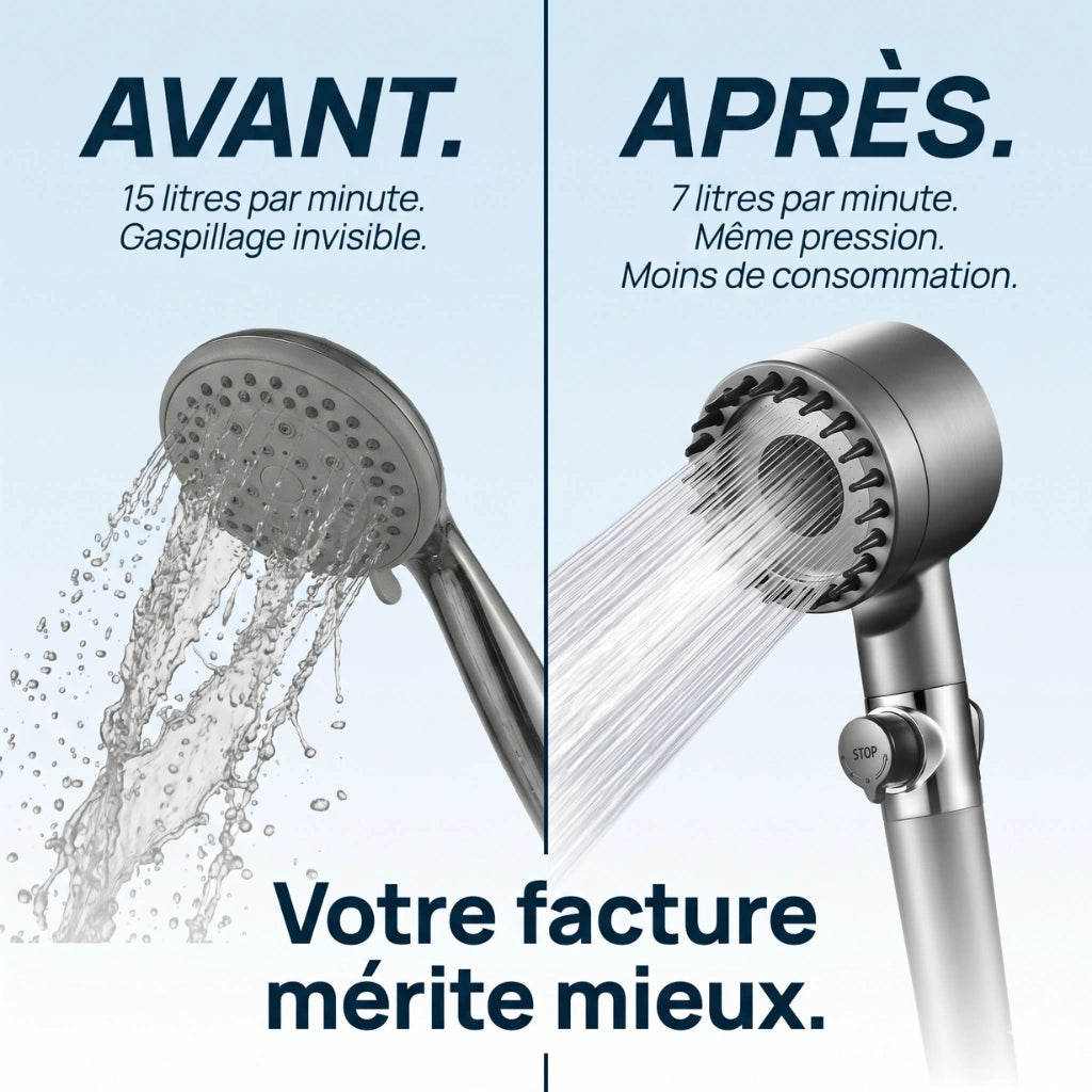 Pommeau de douche économique stop eau avec brosse - vue de face sur fond blanc