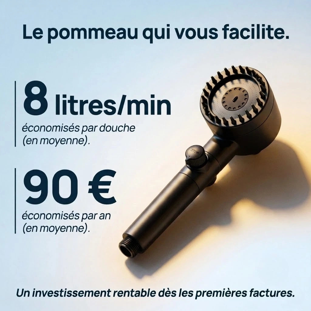 Pommeau de douche noir stop eau avec brosse - vue de dos sur fond blanc