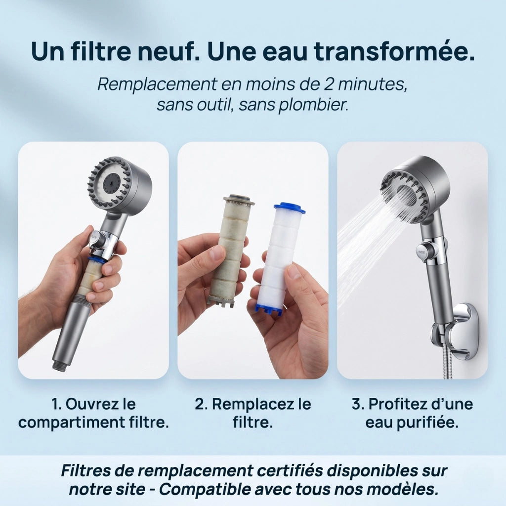 Pommeau de douche économique stop eau avec brosse - en utilisation dans la douche