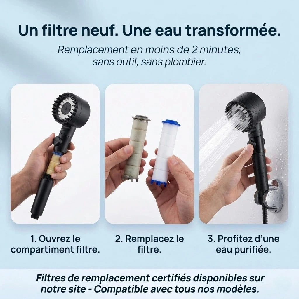 Pommeau de douche noir stop eau avec brosse - vue de détail sur fond blanc