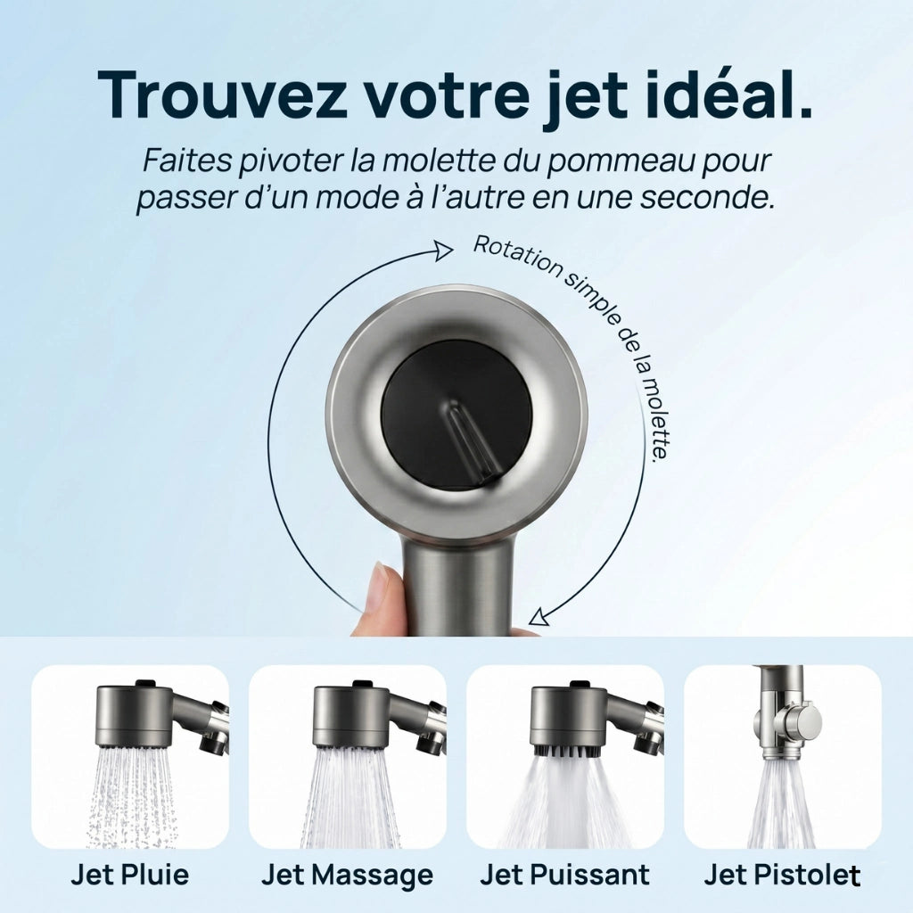Pommeau de douche économique stop eau avec brosse - détail des buses sur fond blanc