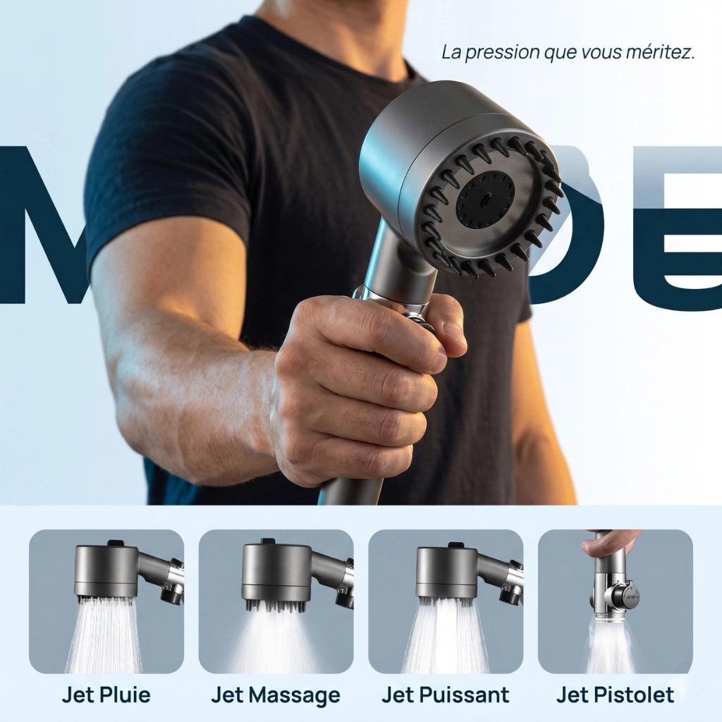 Pommeau de douche économique stop eau avec brosse - vue de face sur fond blanc