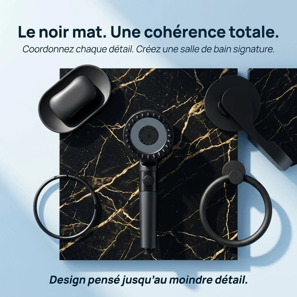 Pommeau de douche noir stop eau avec brosse - vue rapprochée sur fond blanc