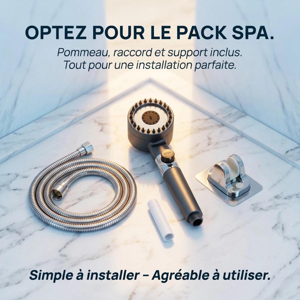 Pommeau de douche économique stop eau avec brosse - vue d'ensemble sur fond blanc