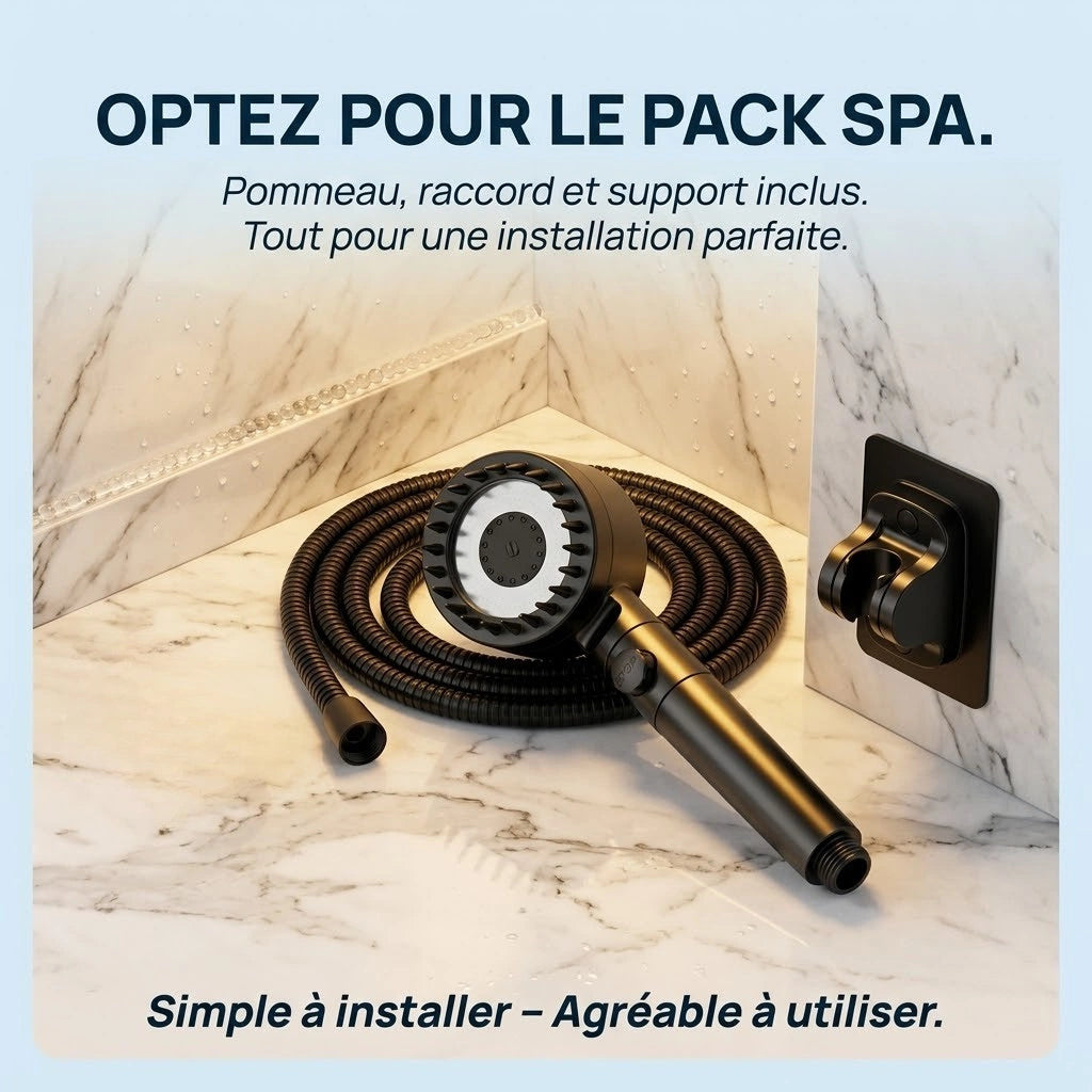 Pommeau de douche noir stop eau avec brosse - en utilisation dans la douche