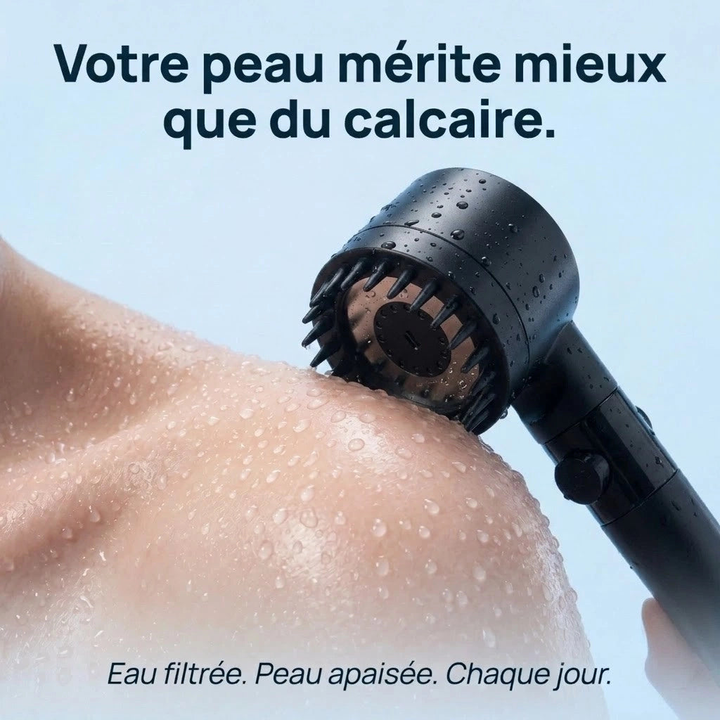 Pommeau de douche noir stop eau avec brosse - vue de côté sur fond blanc