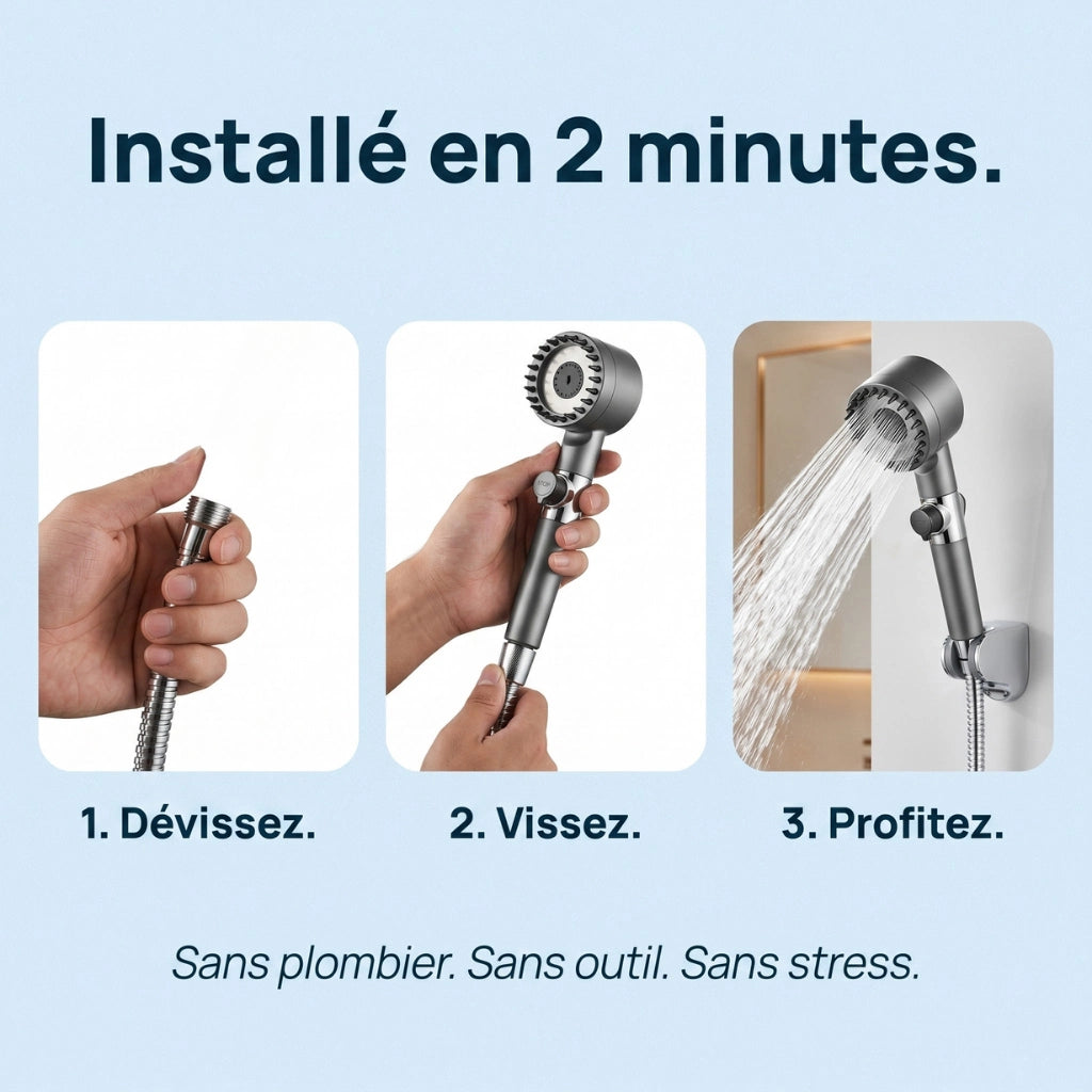 Pommeau de douche économique stop eau avec brosse - vue rapprochée sur fond blanc