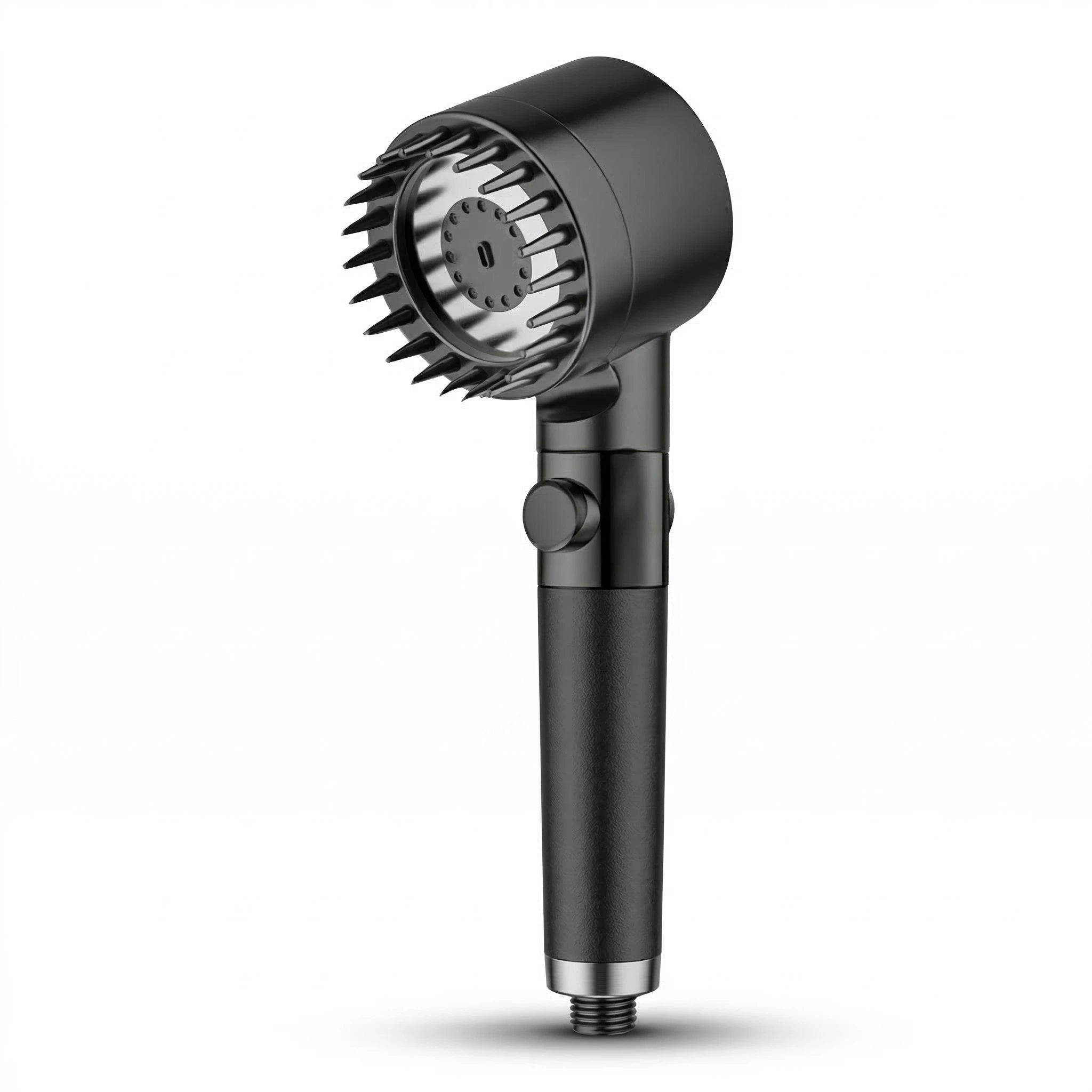 Pommeau de douche avec brosse de nettoyage et fonction arrêt de l’eau vu de côté noir