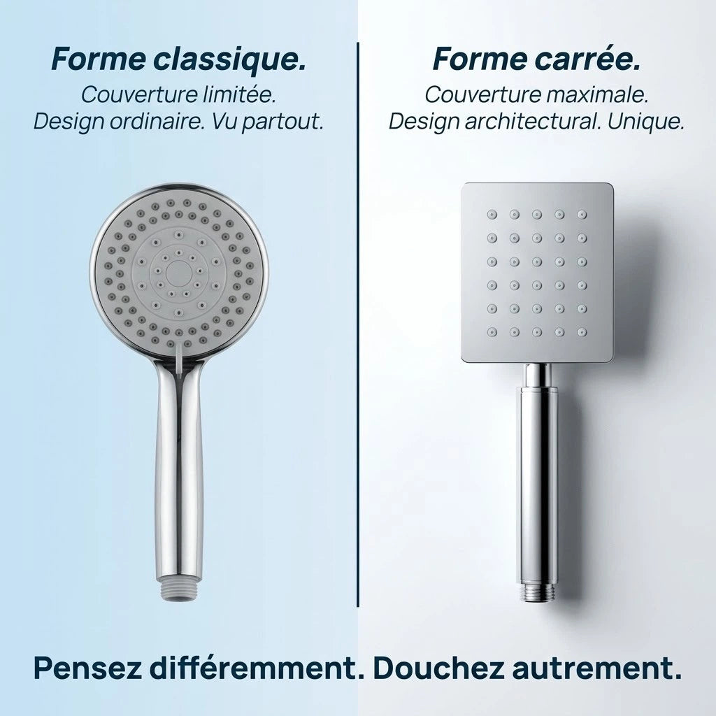 Pommeau de douche carré en acier inoxydable - vue principale sur fond blanc