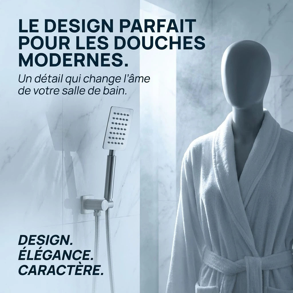 Pommeau de douche carré en acier inoxydable - vue de dos sur fond blanc