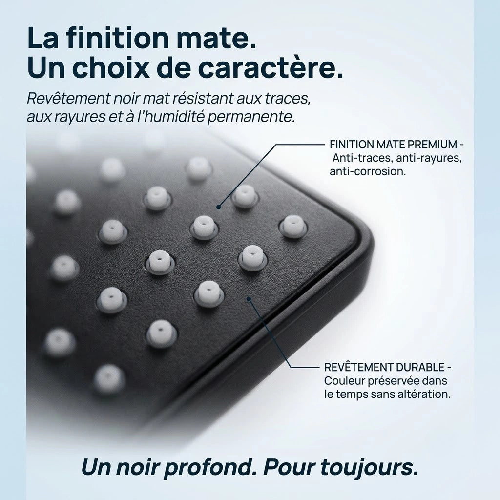 Pommeau de douche noir carré super pressurisé - vue de face sur fond blanc