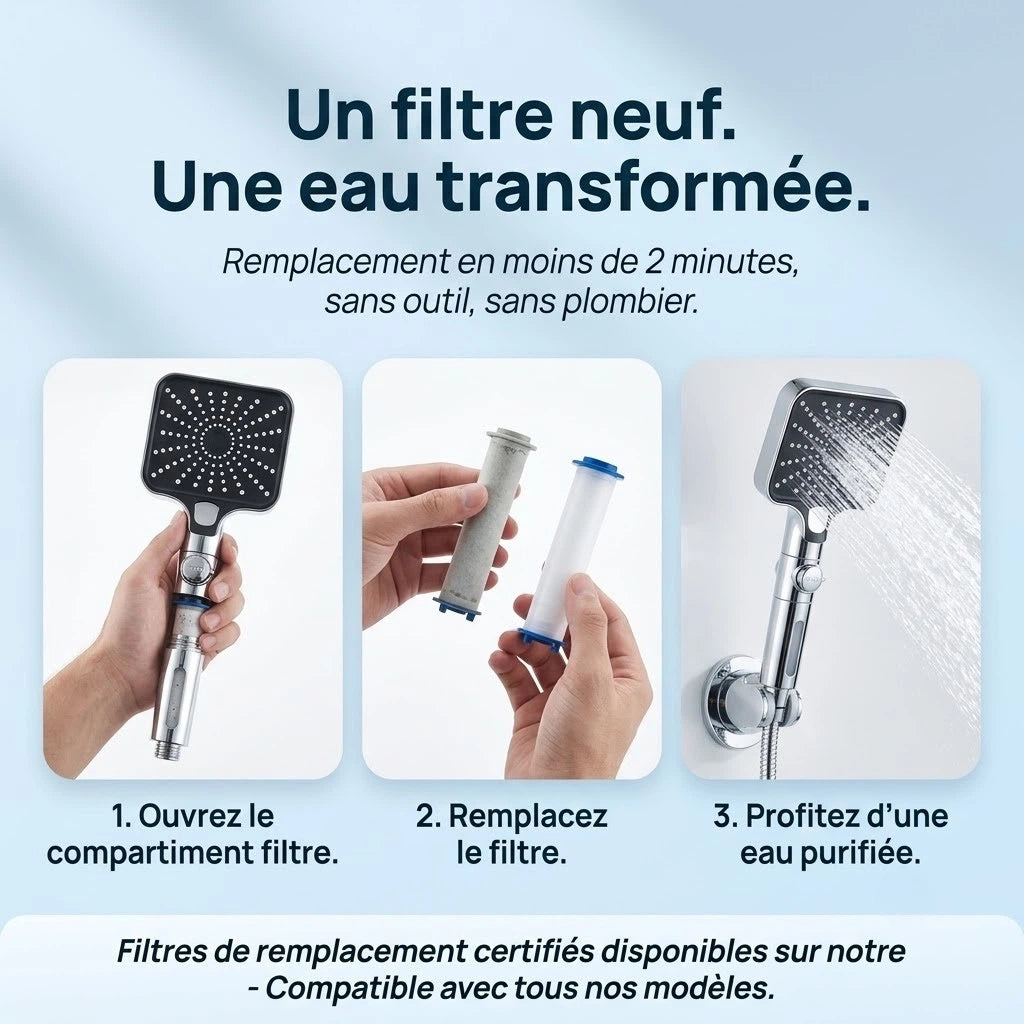 Pommeau de douche carré stop eau - vue de côté sur fond blanc
