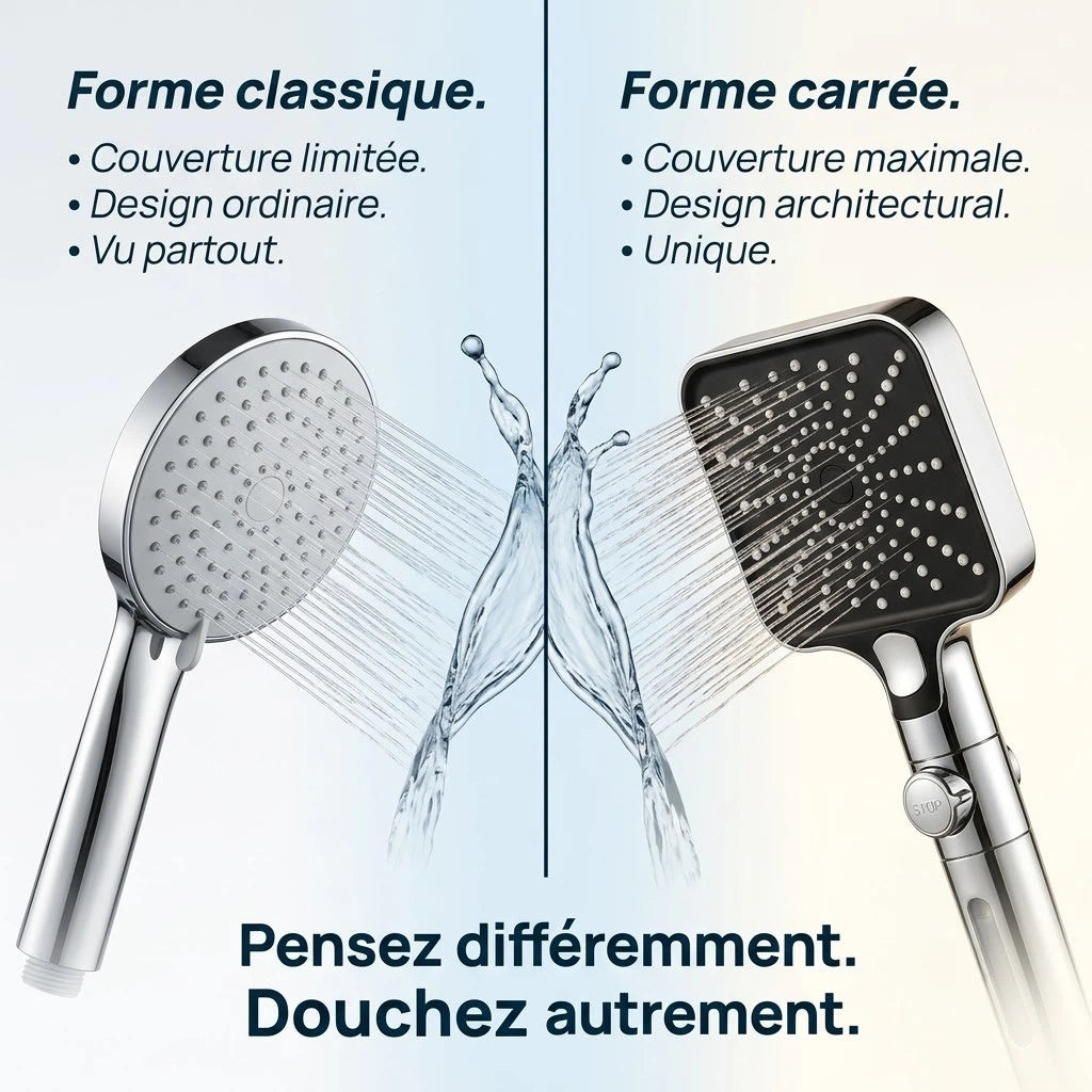 Pommeau de douche carré stop eau - vue de détail sur fond blanc