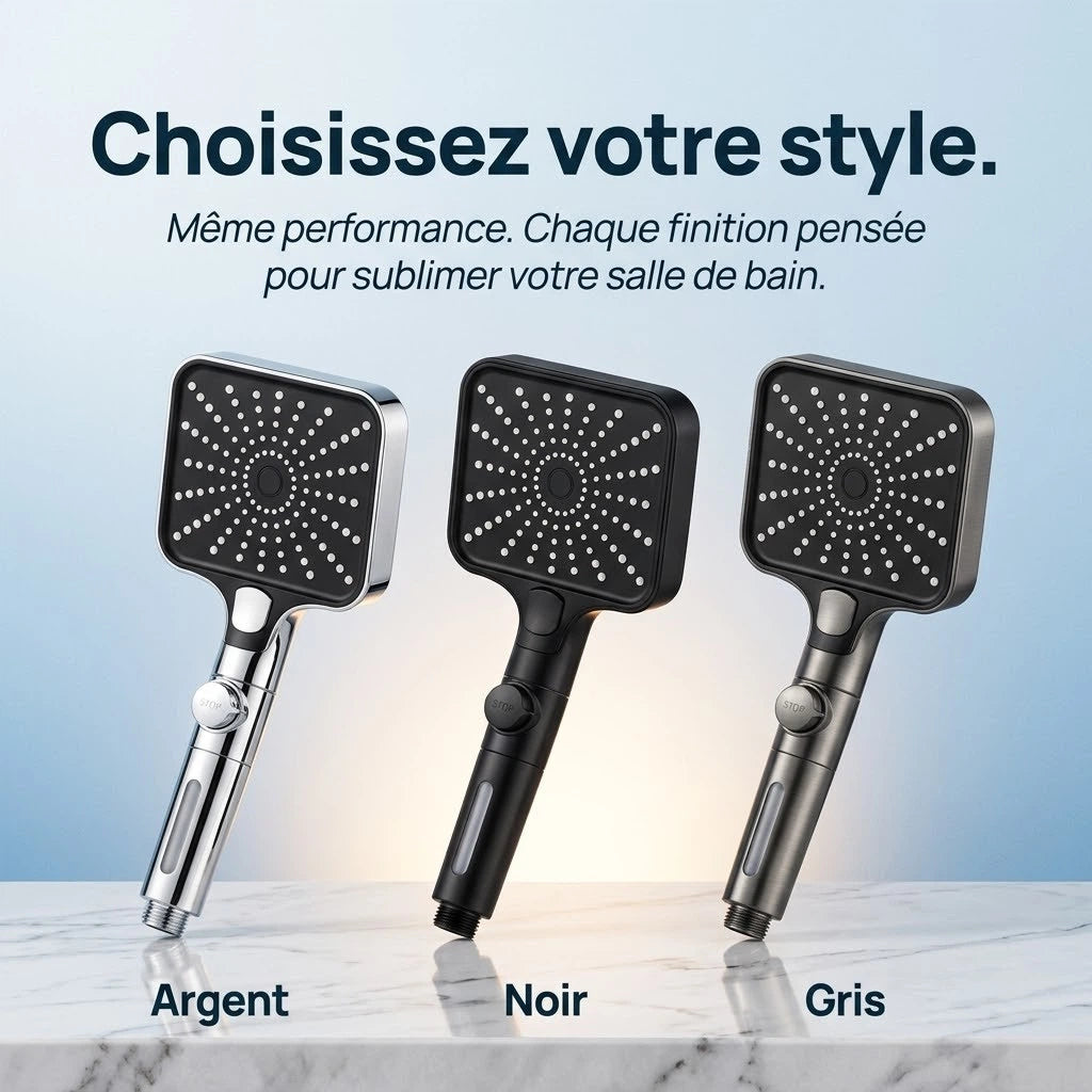 Pommeau de douche carré stop eau - en utilisation dans la douche