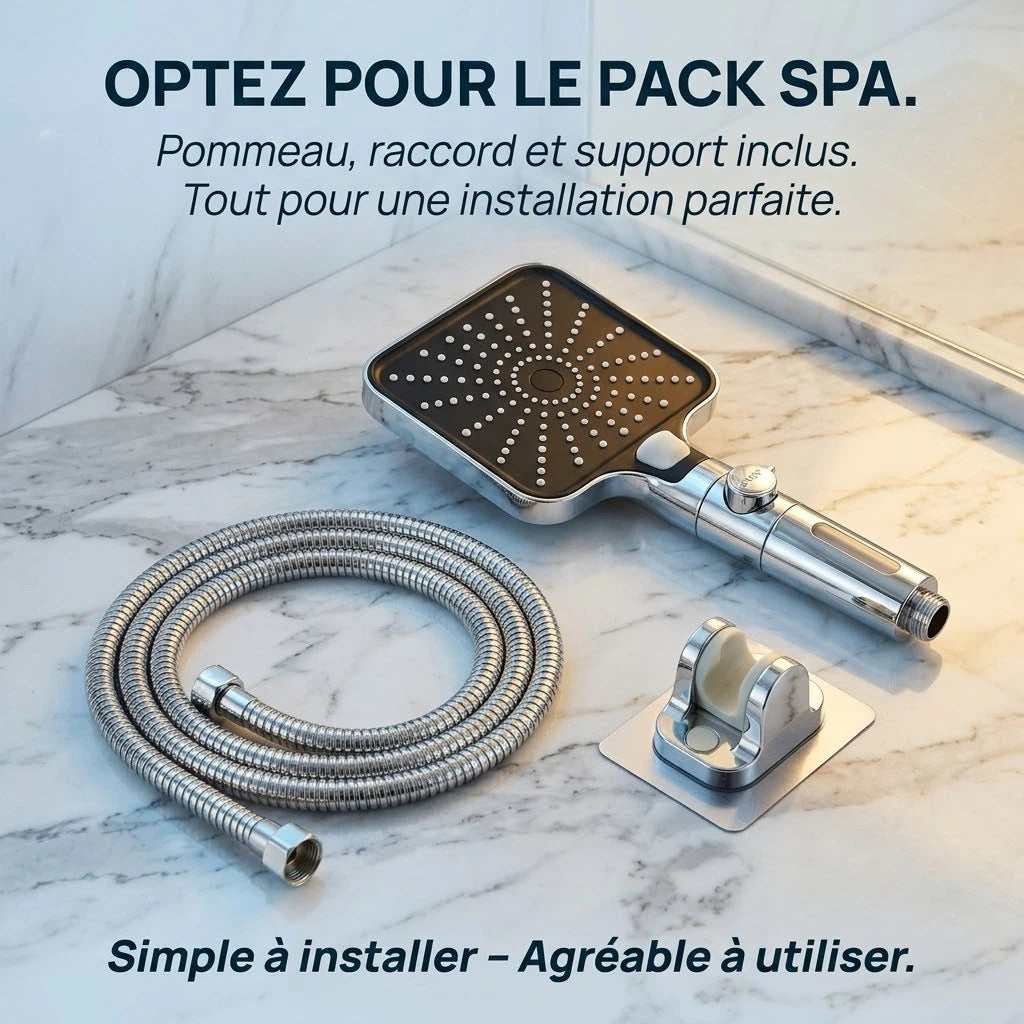 Pommeau de douche carré stop eau - vue rapprochée sur fond blanc