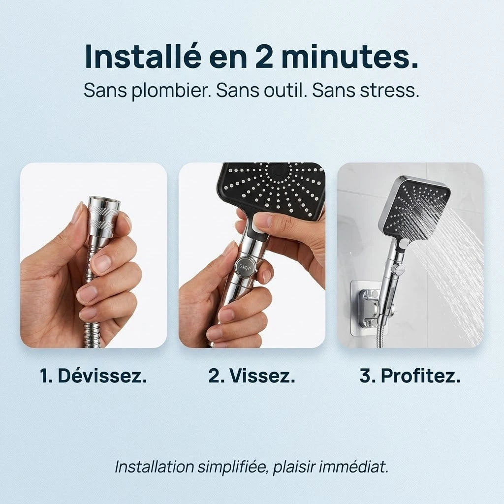 Pommeau de douche carré stop eau - vue de dos sur fond blanc