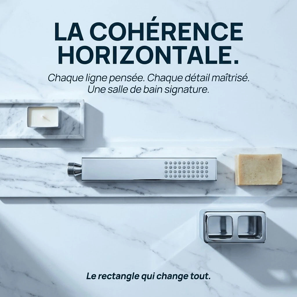 Pommeau de douche rectangulaire chromé - détail des buses sur fond blanc
