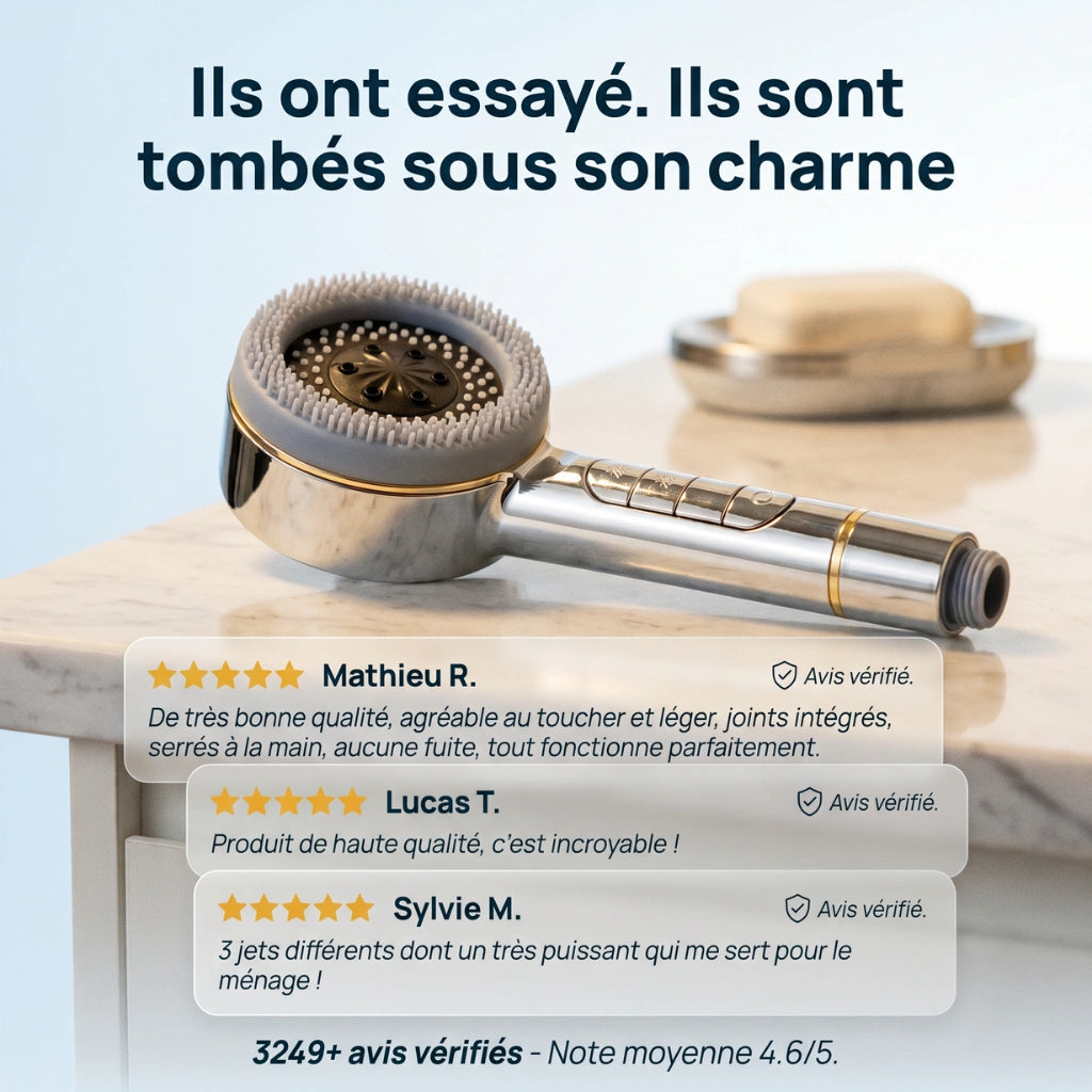 Pommeau de douche économique connecté avec filtre - vue de détail sur fond blanc