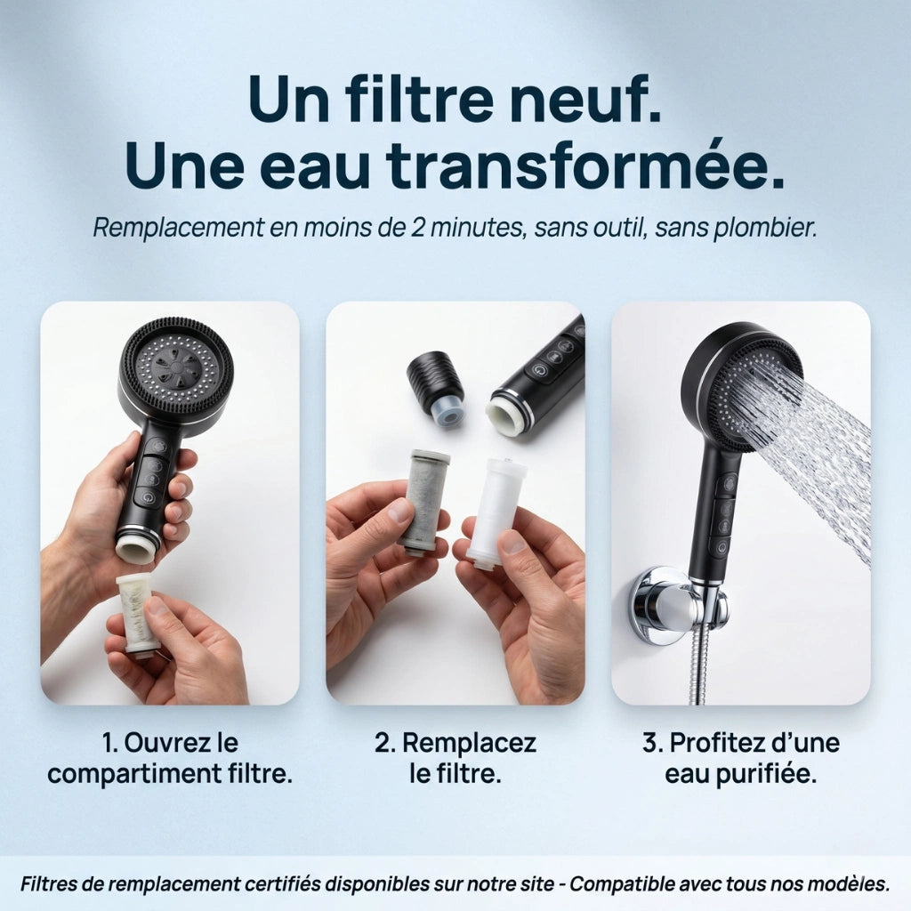 Pommeau de douche économique connecté avec filtre - vue de côté sur fond blanc