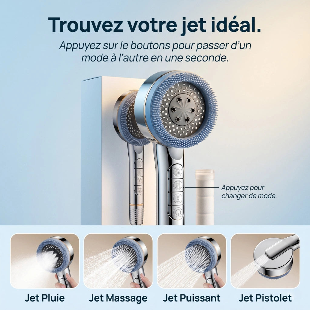 Pommeau de douche économique connecté avec filtre - vue rapprochée sur fond blanc