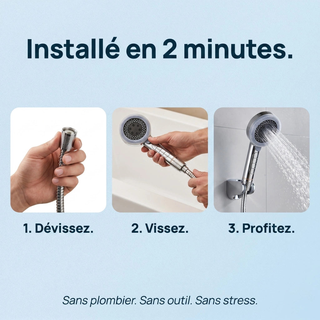 Pommeau de douche économique connecté avec filtre - vue de dos sur fond blanc