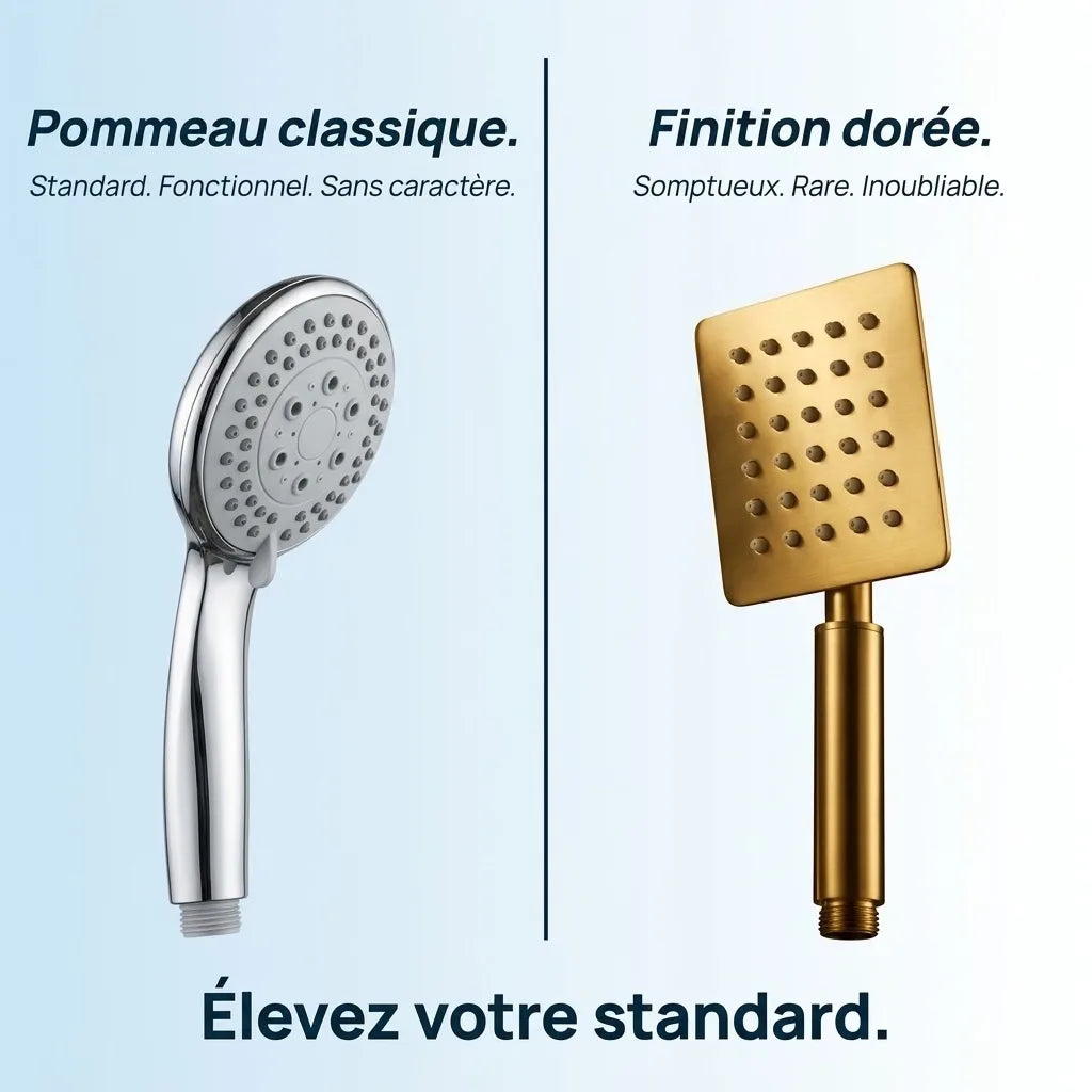 Pommeau de Douche Doré Brossé Tête Carrée Plate - vue de côté sur fond blanc