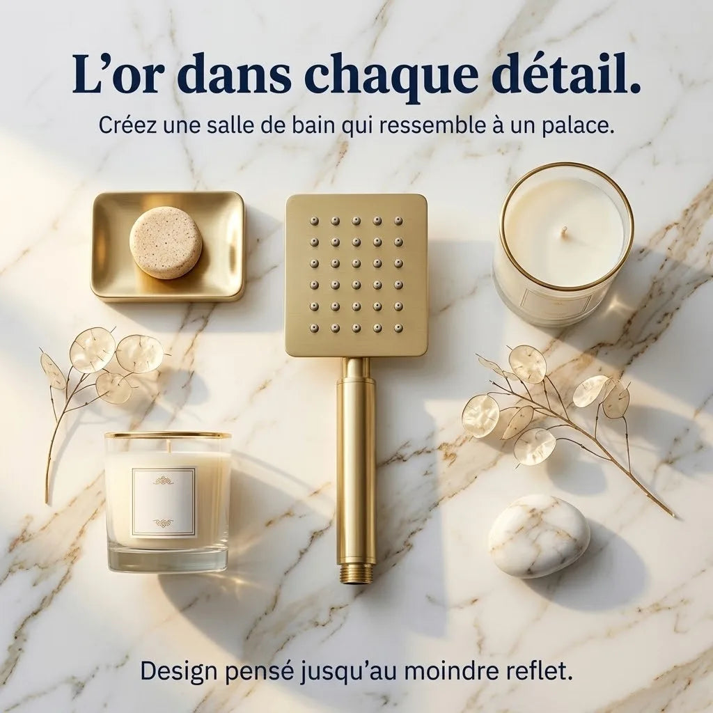 Pommeau de Douche Doré Brossé Tête Carrée Plate - détail des buses sur fond blanc