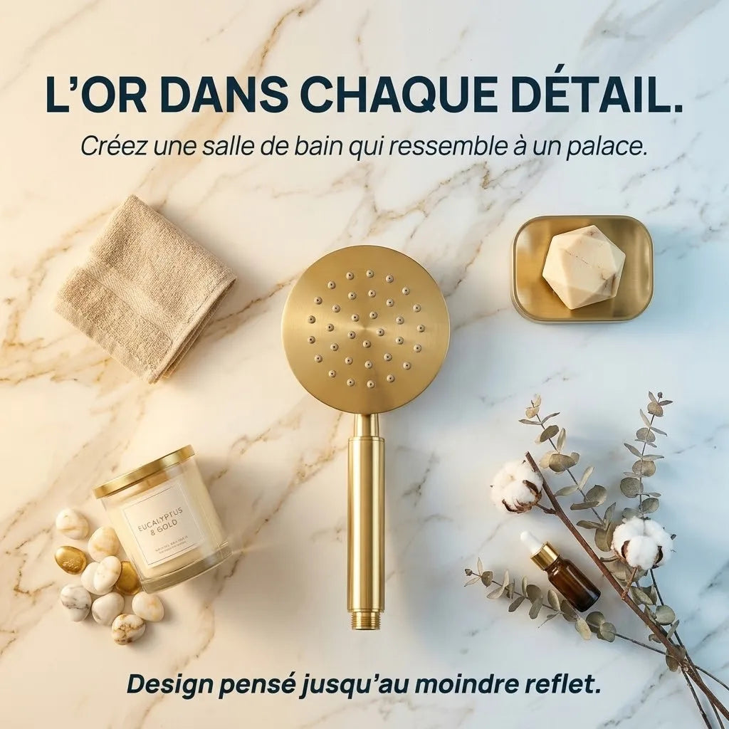 Pommeau de Douche Doré Brossé Grande Tête Ronde Plate - vue rapprochée sur fond blanc