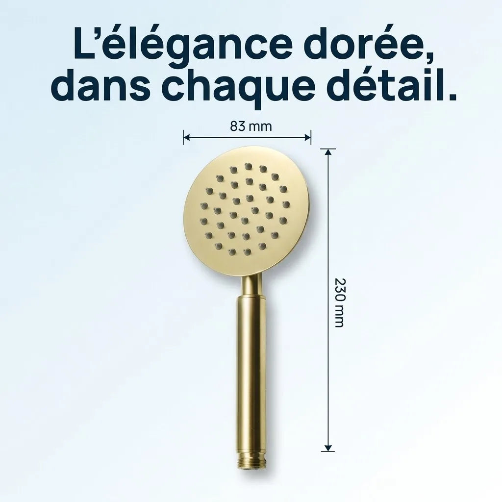 Pommeau de Douche Doré Brossé Grande Tête Ronde Plate - vue de détail sur fond blanc
