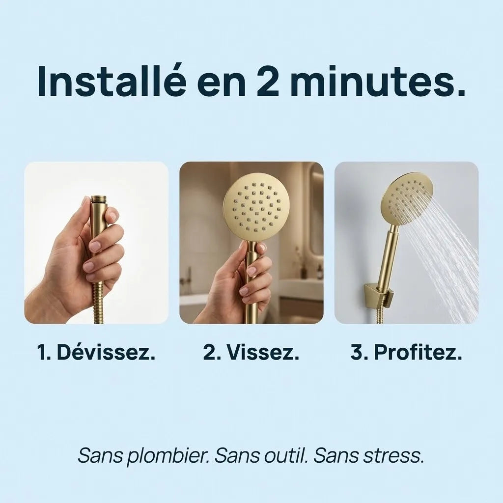 Pommeau de Douche Doré Brossé Grande Tête Ronde Plate - vue de dos sur fond blanc