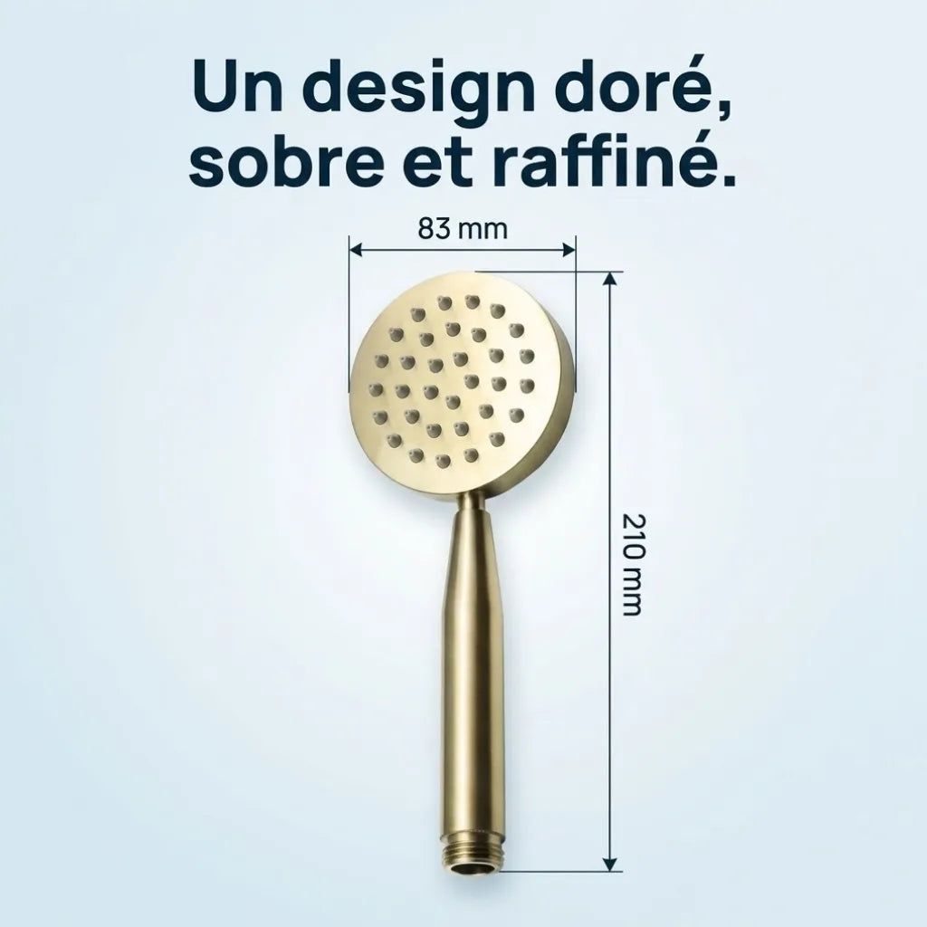 Pommeau de Douche Doré Brossé Rond Manche Conique - vue rapprochée sur fond blanc