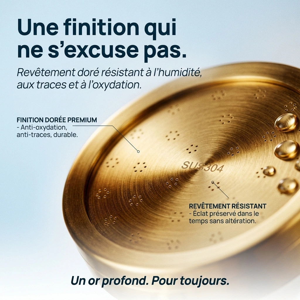 Pommeau de douche doré économie d'eau - vue de dos sur fond blanc