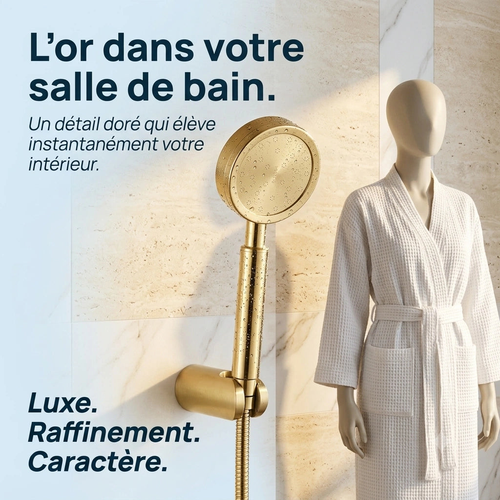 Pommeau de douche doré économie d'eau - vue principale sur fond blanc