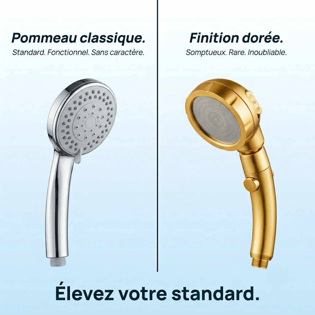 Pommeau de douche doré stop eau - vue de dos sur fond blanc