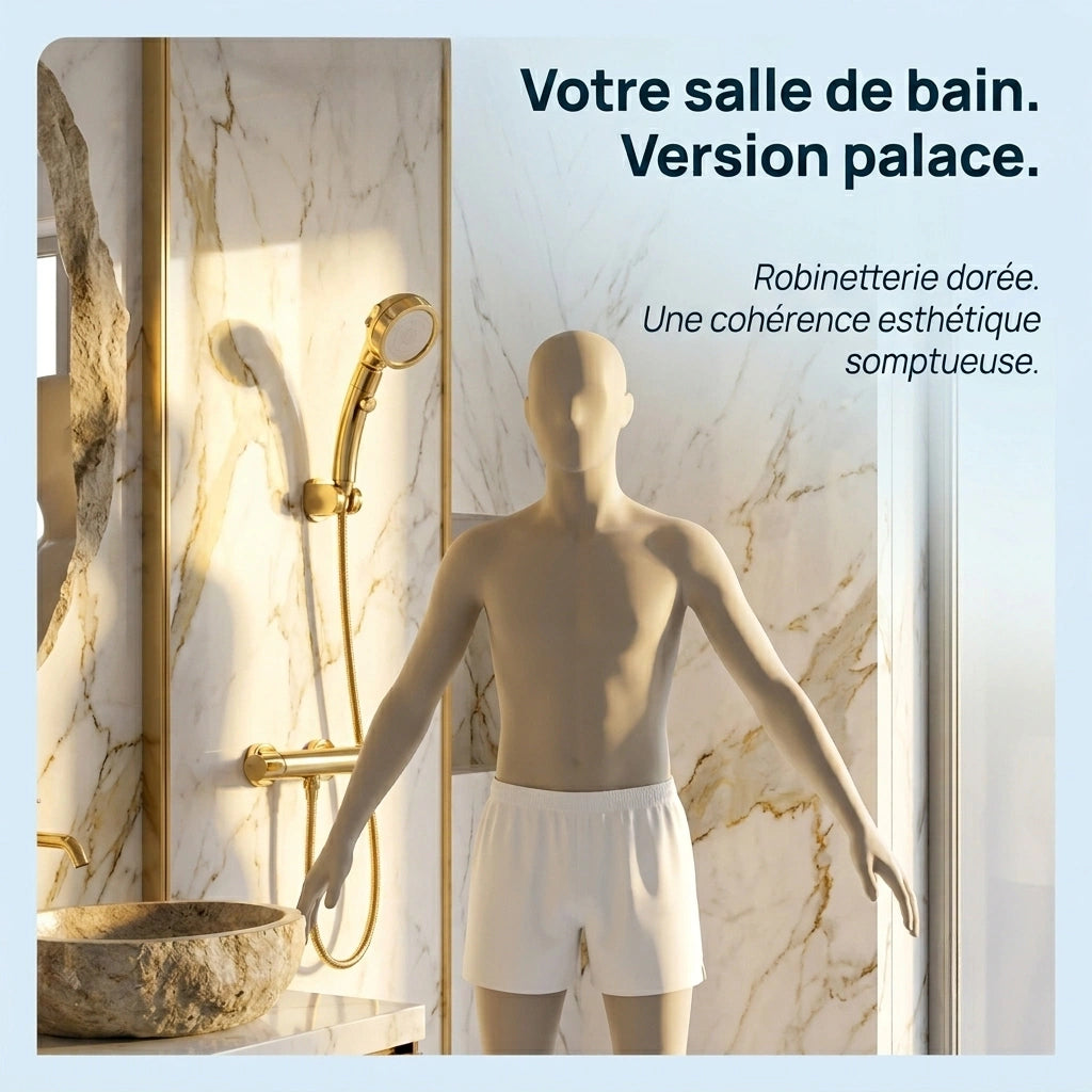 Pommeau de douche doré stop eau - détail des buses sur fond blanc