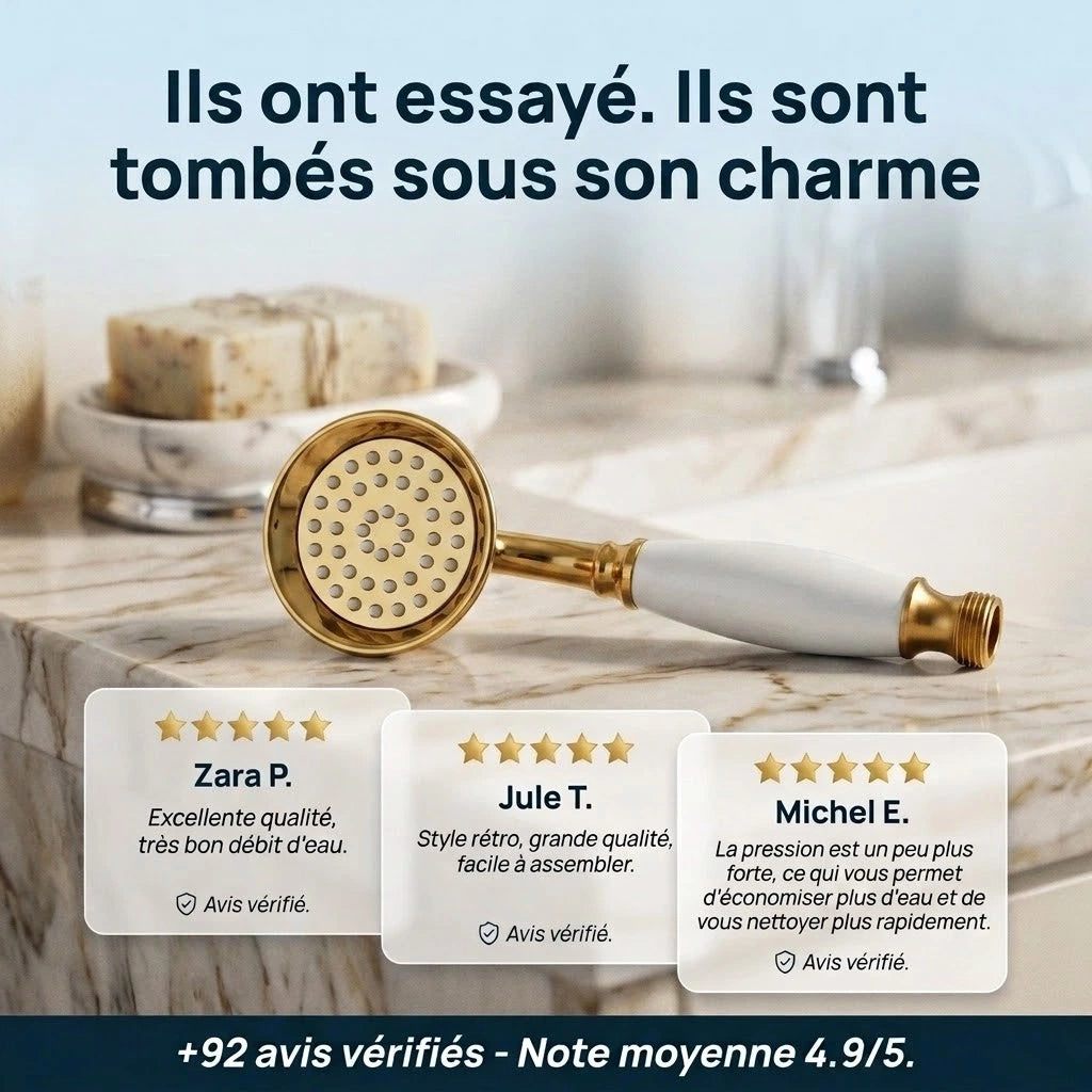 Pommeau de douche doré vintage à buses - vue de dos sur fond blanc