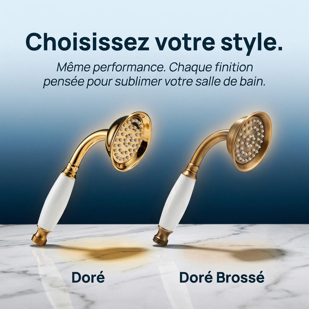 Pommeau de douche doré vintage à buses - détail des buses sur fond blanc