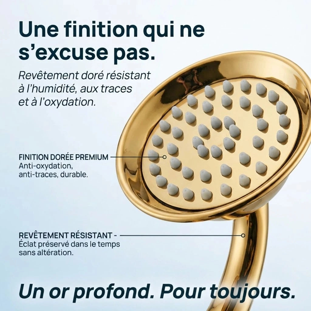 Pommeau de douche doré vintage à buses - vue de face sur fond blanc