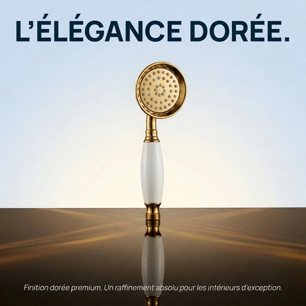 Pommeau de douche doré vintage à buses - vue de détail sur fond blanc