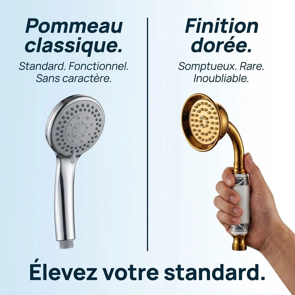 Pommeau de douche doré vintage à buses motif fleur - vue de côté sur fond blanc