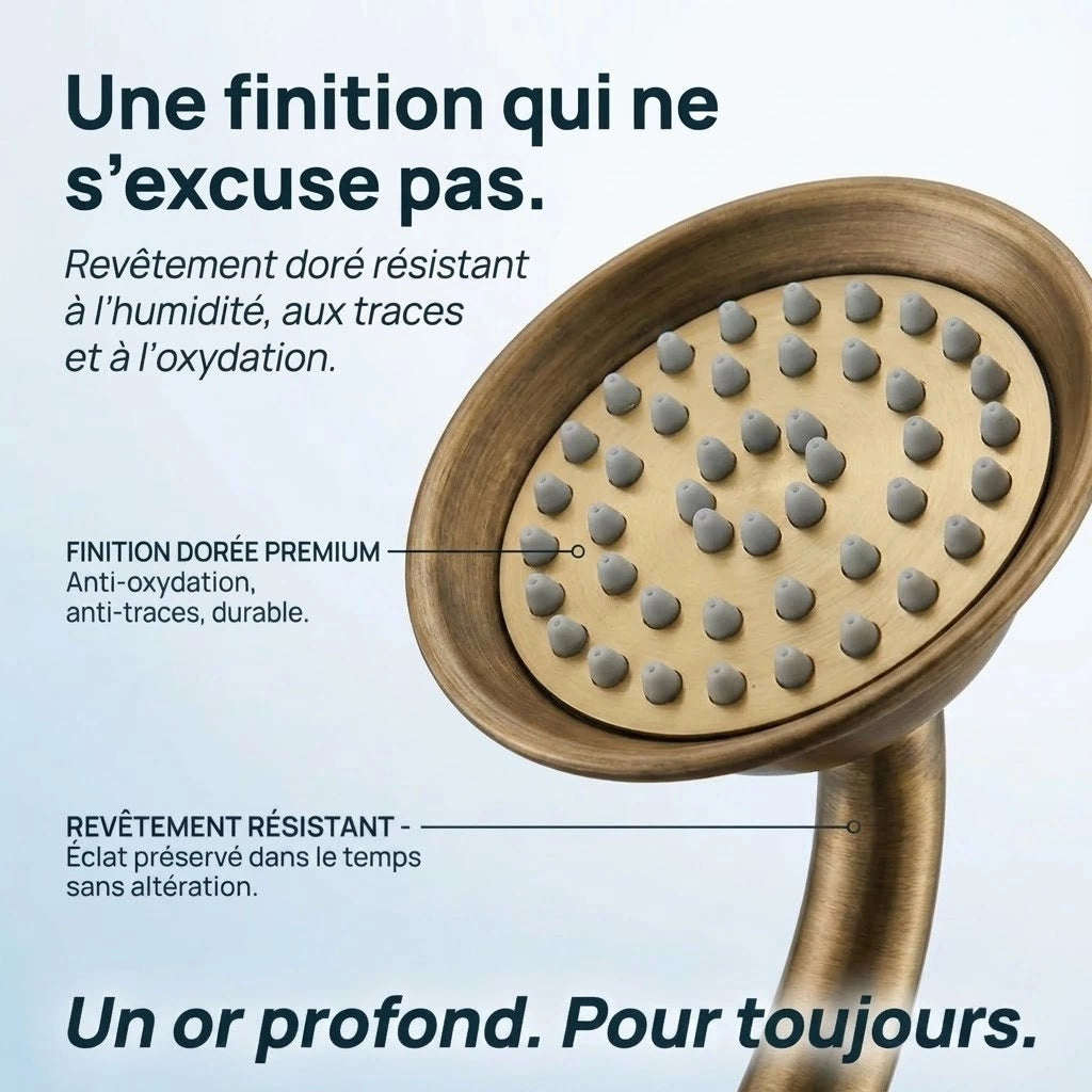Pommeau de douche doré vintage à buses motif fleur - vue de dos sur fond blanc