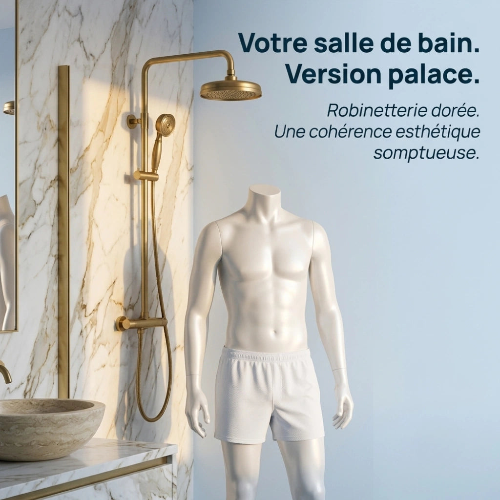 Pommeau de douche doré vintage - vue de dos sur fond blanc