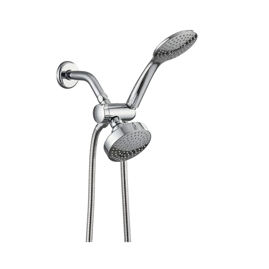 Pommeau de douche double chrome avec haut débit d’eau vu de face sur fond blanc
